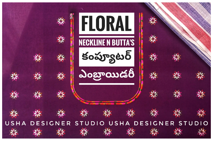 Deep purple blouse with U-neck and all over computer embroidered floral buttas, designed by Usha Designer Studio Vijayawada