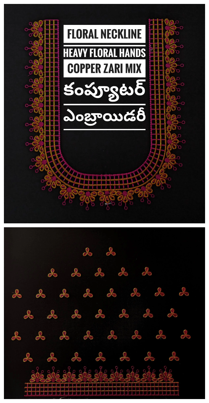 Black blouse with floral U-neck computer embroidery, heavy floral hands, and copper zari buttas by Usha Designer Studio Vijayawada