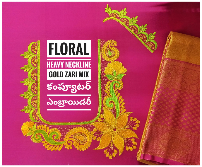 Deep mustard blouse featuring intricate floral computer embroidery on a U-neckline, designed by Usha Designer Studio Vijayawada