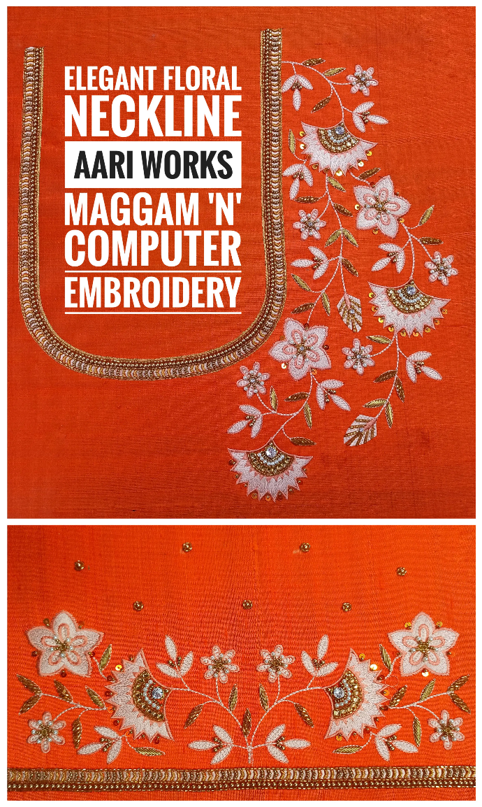 Orange blouse with floral computer embroidery, U-neck design, and white-gold Aari work highlights by Usha Designer Studio Vijayawada