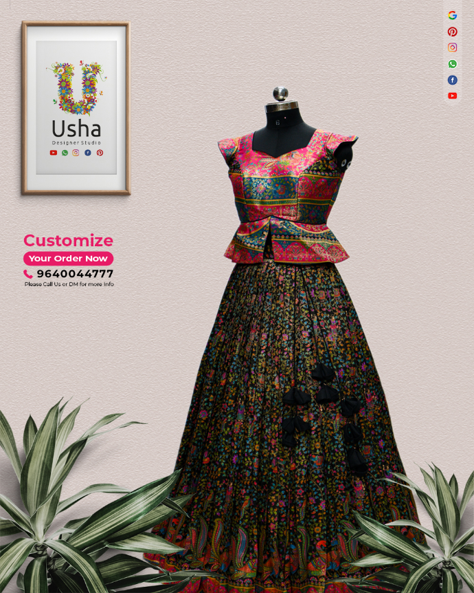 Bhagalpuri silk crop top lehenga with peplum style choli featuring mega sleeves and handcrafted black latkans, custom tailored by Usha Designer Studio Vijayawada