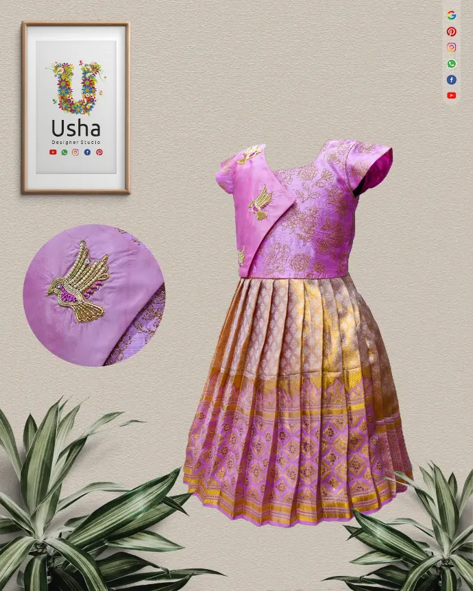 Bespoke kids pattu frock in lavender silk with bird motif Aari embroidery and golden mustard pleated lehenga – Usha Designer Studio.