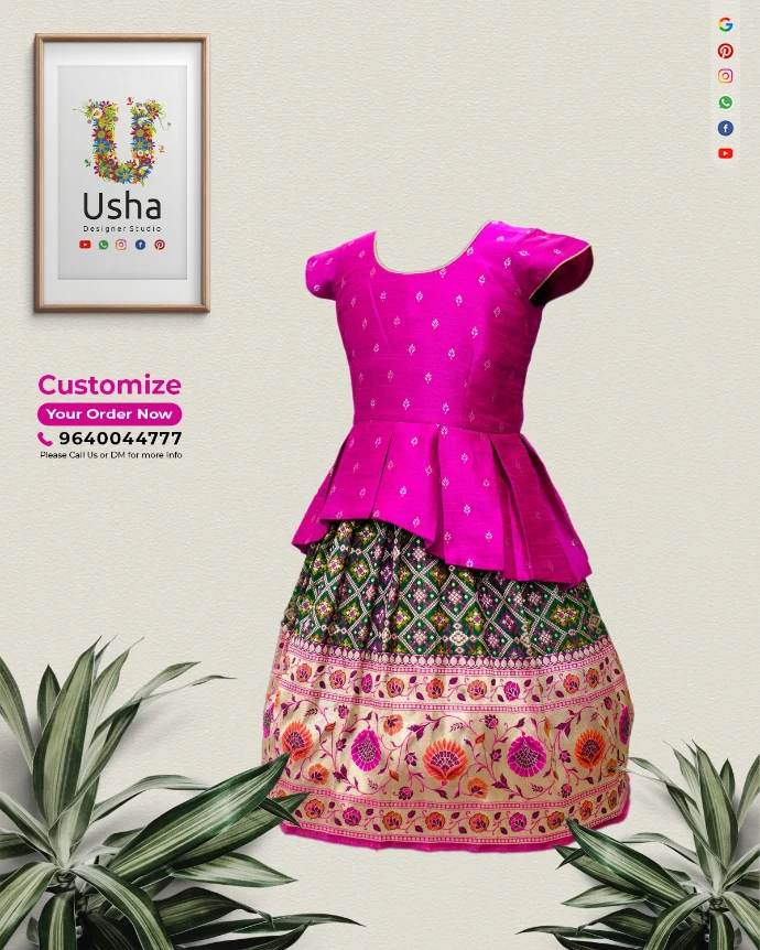 Bespoke kids' Paithani peplum crop top lehenga by Usha Designer Studio. Features a Banarasi butta peplum blouse and a Paithani lehenga skirt.