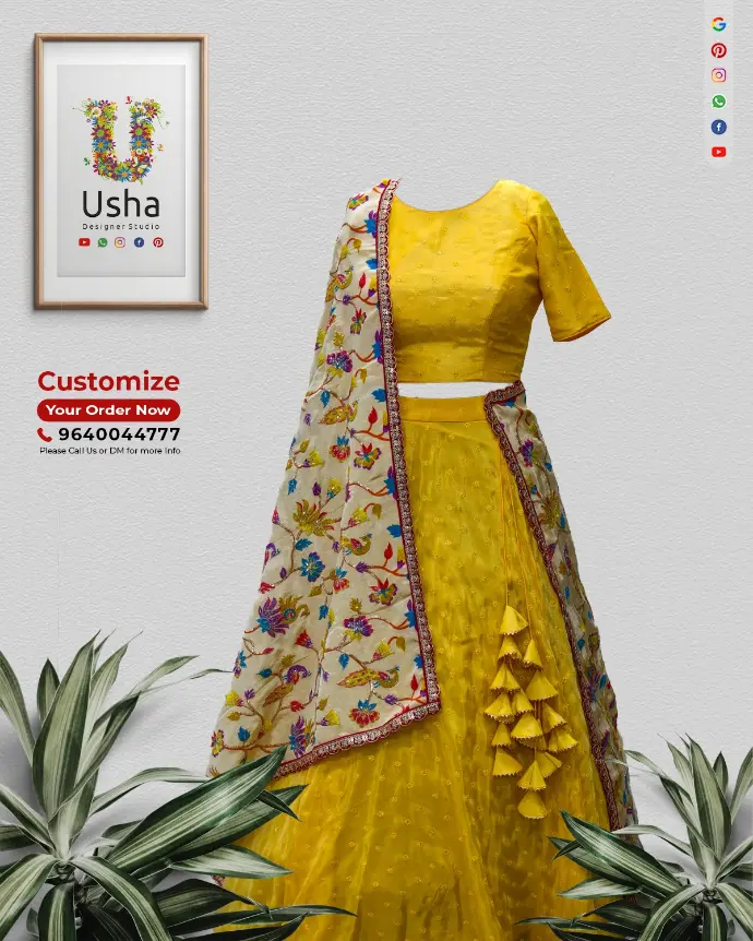 Yellow crop top lehenga set with full sleeve boat neck choli blouse, gera cut lehenga featuring handcrafted latkans, and embroidered Kalamkari dupatta by Usha Designer Studio Vijayawada