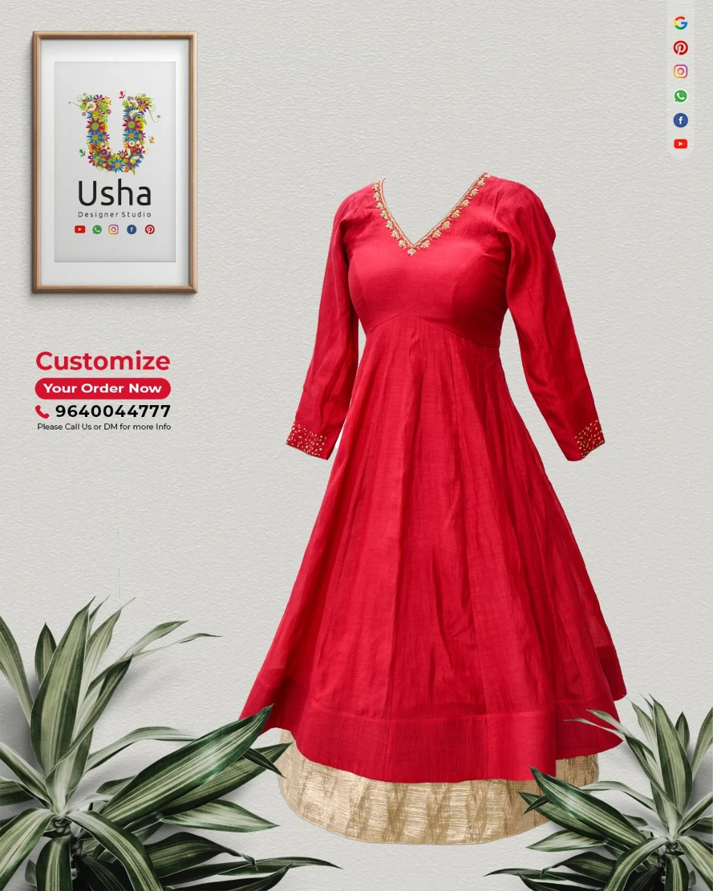 Red Indo-Western frock with gold Aari work V-neck, bracelet sleeves, and gold contrast border by Usha Designer Studio Vijayawada