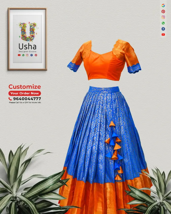 Orange crop top with scalloped neckline and sleeves paired with royal blue lehenga with 1-inch pleats, orange border, and handcrafted latkans by Usha Designer Studio Vijayawada