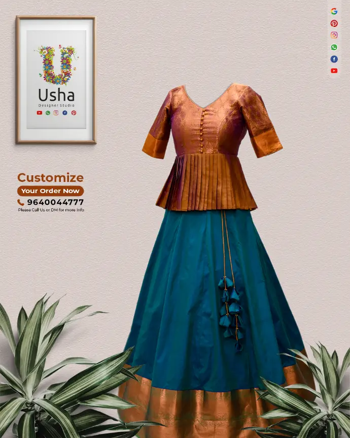Crop top lehenga set with copper-peach peplum choli blouse featuring half-inch pleats, V-neck, full sleeves, and deep teal kalli cut lehenga with handcrafted latkans from Usha Designer Studio Vijayawada