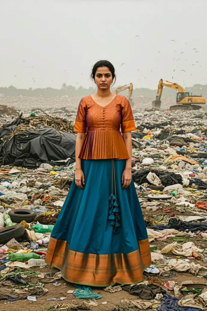Crop top lehenga set with copper-peach peplum choli blouse featuring half-inch pleats, V-neck, full sleeves, and deep teal kalli cut lehenga with handcrafted latkans from Usha Designer Studio Vijayawada