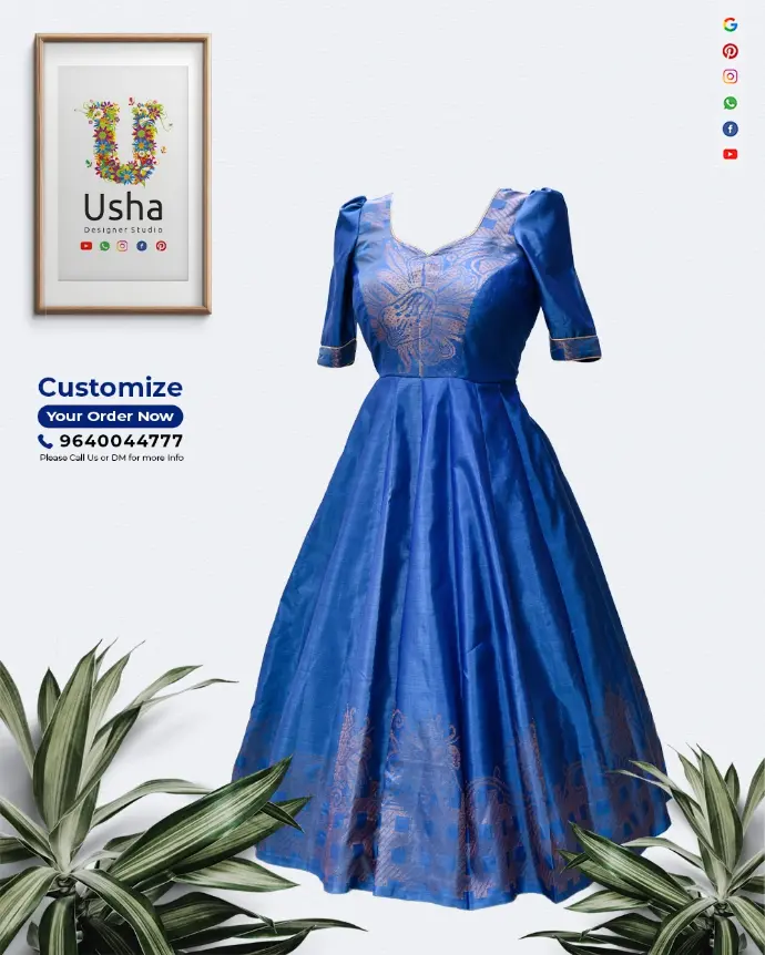 Designer long frock crafted from upcycled saree with heart neckline, elbow-length sleeves, and kalli cut by Usha Designer Studio, Vijayawada.
