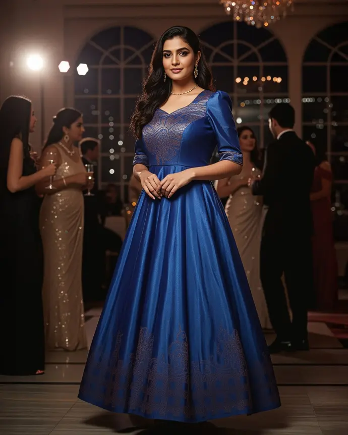 A cherished saree is reborn as a designer long frock in a luxurious hue, featuring a heart-shaped neckline, elegant elbow sleeves, and signature kalli panels for flattering volume and flow.