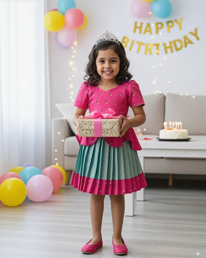Kids designer frock with pink petal peplum choli blouse, aqua blue skirt featuring gold Paithani butta, and pleated finish by Usha Designer Studio, Vijayawada.