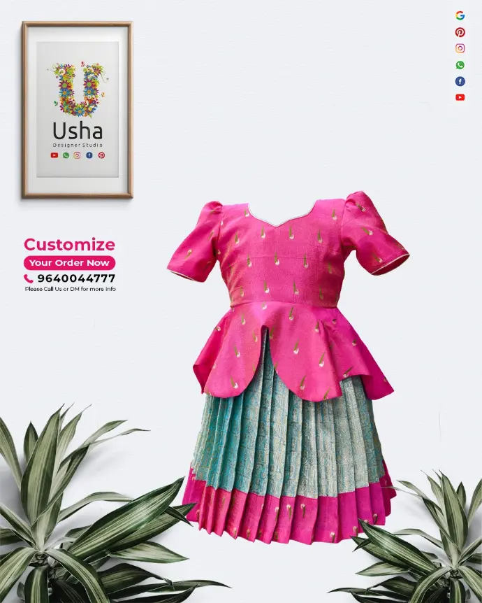 Kids designer frock with pink petal peplum choli blouse, aqua blue skirt featuring gold Paithani butta, and pleated finish by Usha Designer Studio, Vijayawada.