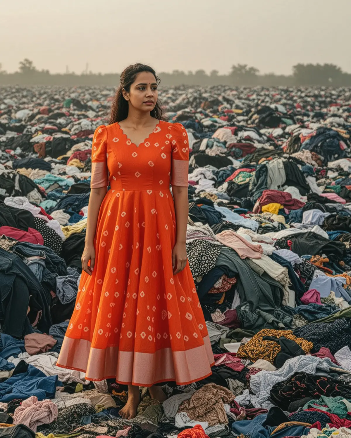 Upcycled orange saree turned into short frock with scalloped V-neck and elbow sleeves – Usha Designer Studio.