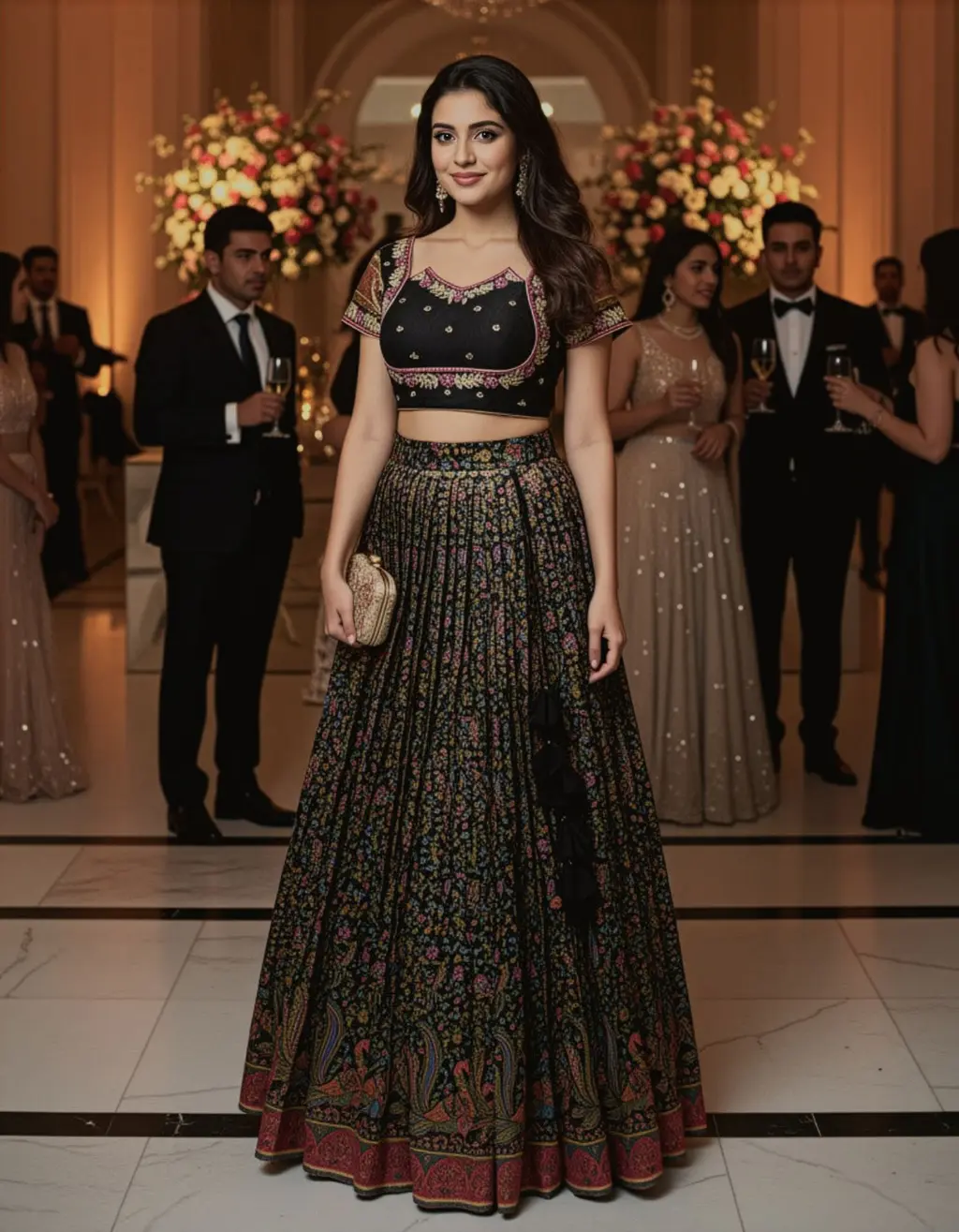 Tailor-made black Bhagalpuri silk crop top lehenga with intricate Aari embroidery, handcrafted latkans, and floral motifs by Usha Designer Studio, Vijayawada