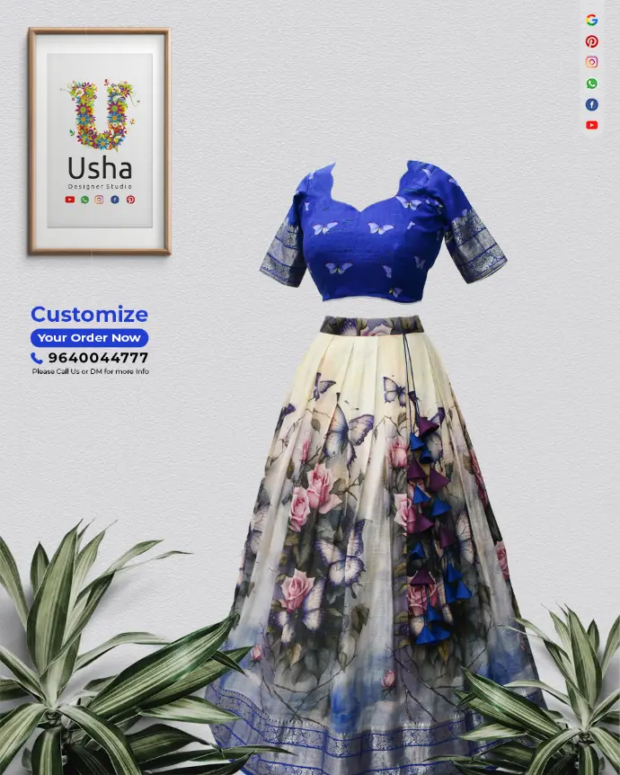 Floral butterfly print crop top lehenga with scalloped heart neck choli, full sleeves, 1-inch pleats, handcrafted latkans by Usha Designer Studio Vijayawada.