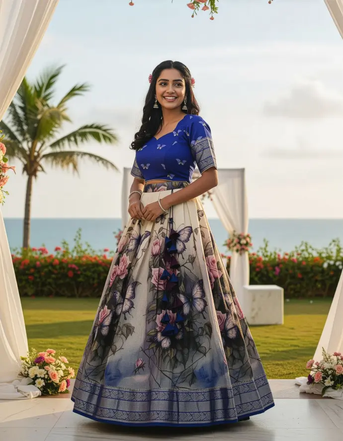 Floral butterfly print crop top lehenga with scalloped heart neck choli, full sleeves, 1-inch pleats, handcrafted latkans by Usha Designer Studio Vijayawada.