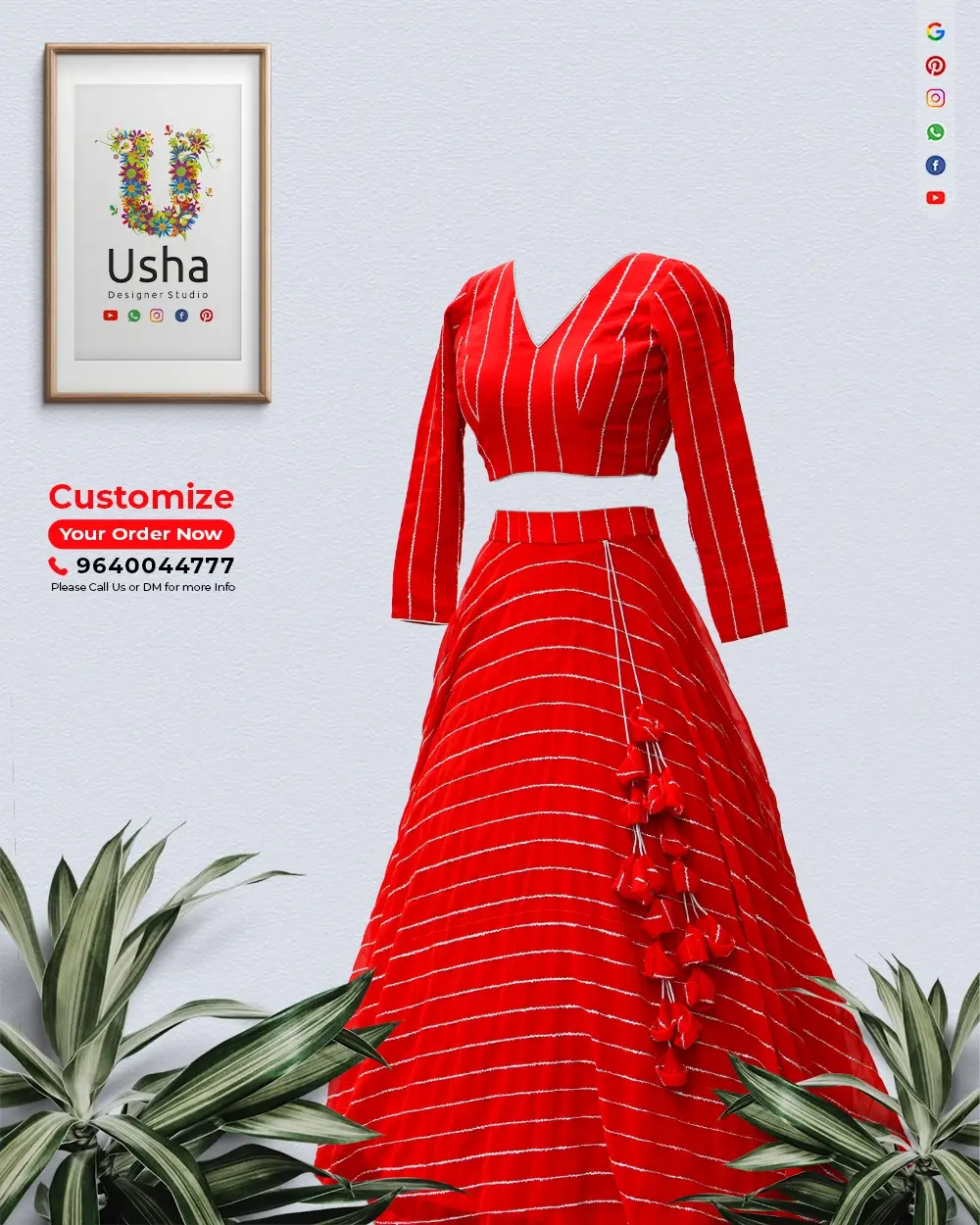 Red sequin chinnon crop top lehenga with v-neck, full sleeves, flowy gera, and handcrafted heavy latkans by Usha Designer Studio Vijayawada.