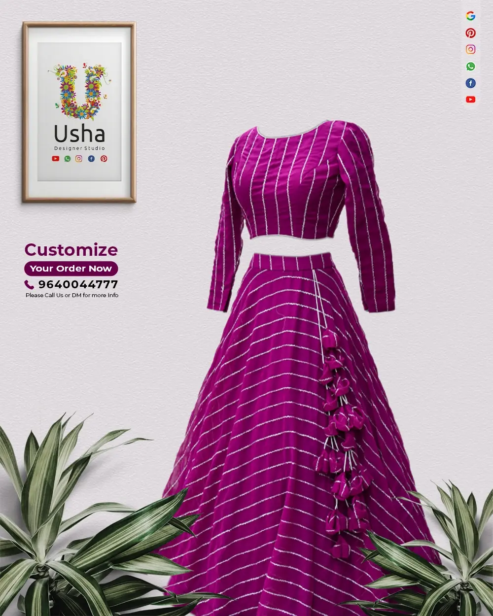 Magenta chinnon crop top lehenga with boat neck, bracelet sleeves, sequin lines, flowy gera skirt and handcrafted latkans by Usha Designer Studio, Vijayawada.