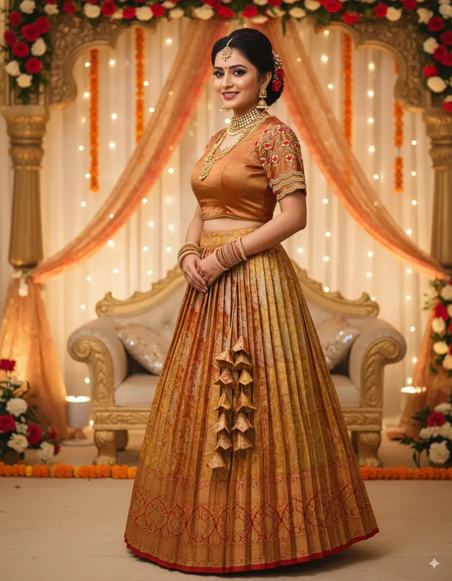 Peach-orange crop top lehenga made from saree with Aari floral embroidery blouse, scalloped U-neck, heavy pleated skirt, and handcrafted latkans by Usha Designer Studio, Vijayawada