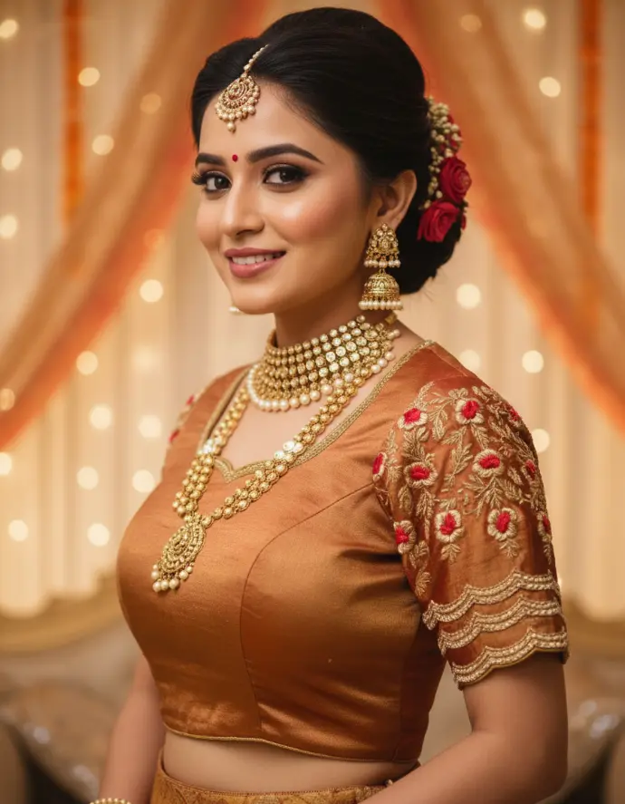 Saree Transformed into Designer Crop Top Lehenga with Intricate Aari Embroidery – Usha Designer Studio, Vijayawada Peach-orange crop top lehenga made from saree with Aari floral embroidery blouse, scalloped U-neck, heavy pleated skirt, and handcrafted latkans by Usha Designer Studio, Vijayawada