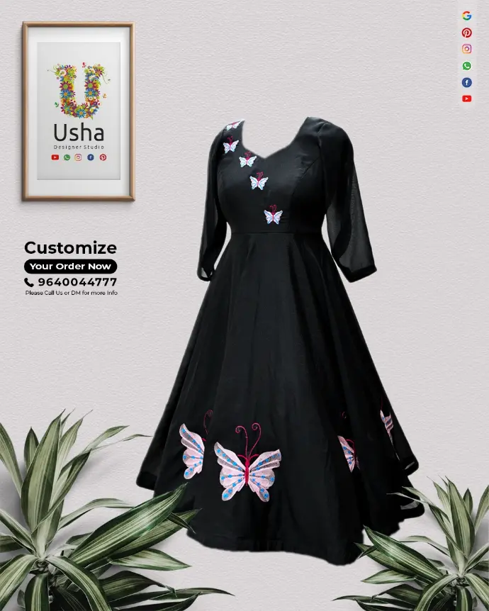 Black Indo-Western frock with butterfly computer embroidery, diamond neckline, and bracelet sleeves by Usha Designer Studio, Vijayawada.