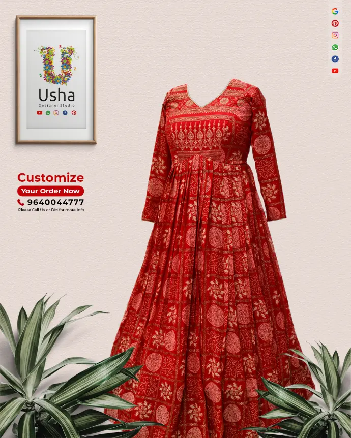 Red contemporary Bandhani georgette long frock with V-neck yoke, bracelet sleeves, pleated gera skirt, by Usha Designer Studio Vijayawada.