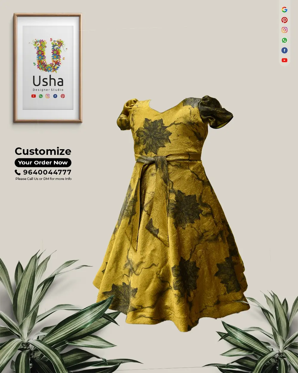Kids mustard-gold frock with vintage bold black floral print, diamond neck, and butta hands by Usha Designer Studio Vijayawada