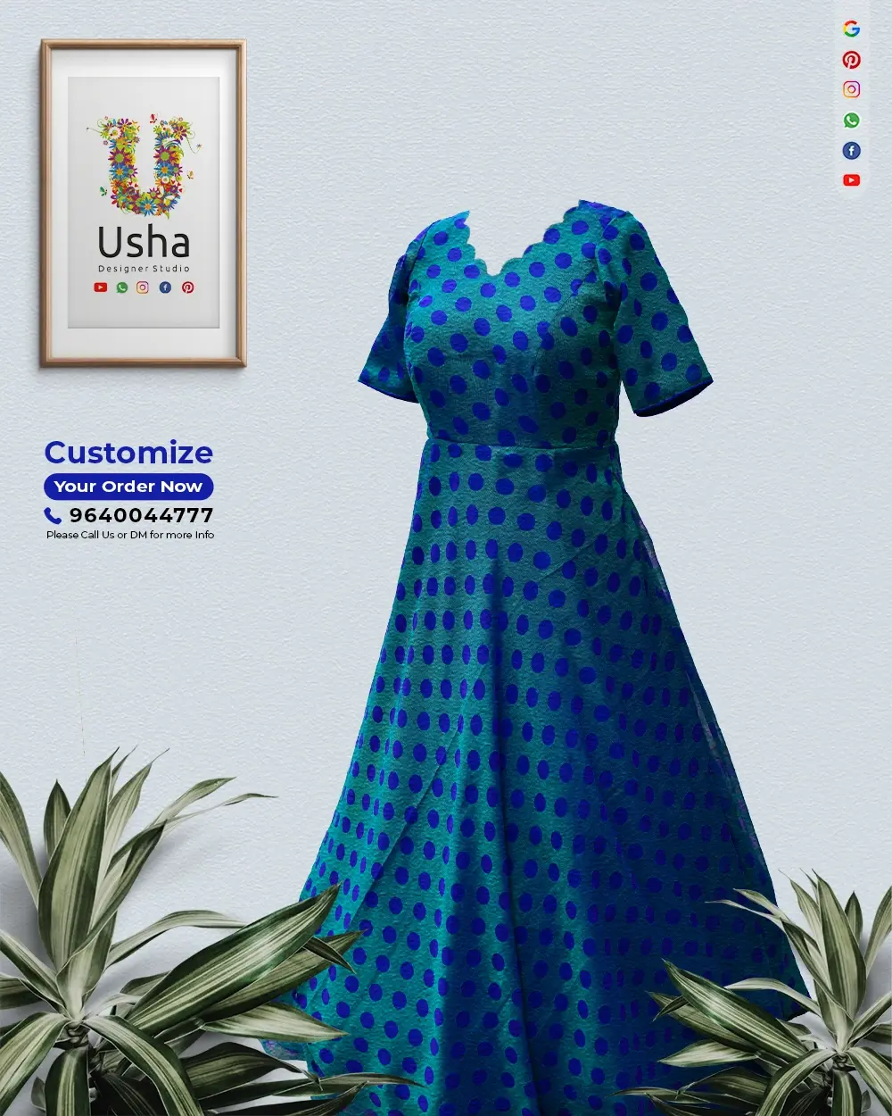 Blue-green polka dot peacock saree upcycled to long frock with scalloped V-neck, full sleeves, and flowy gera by Usha Designer Studio, Vijayawada.