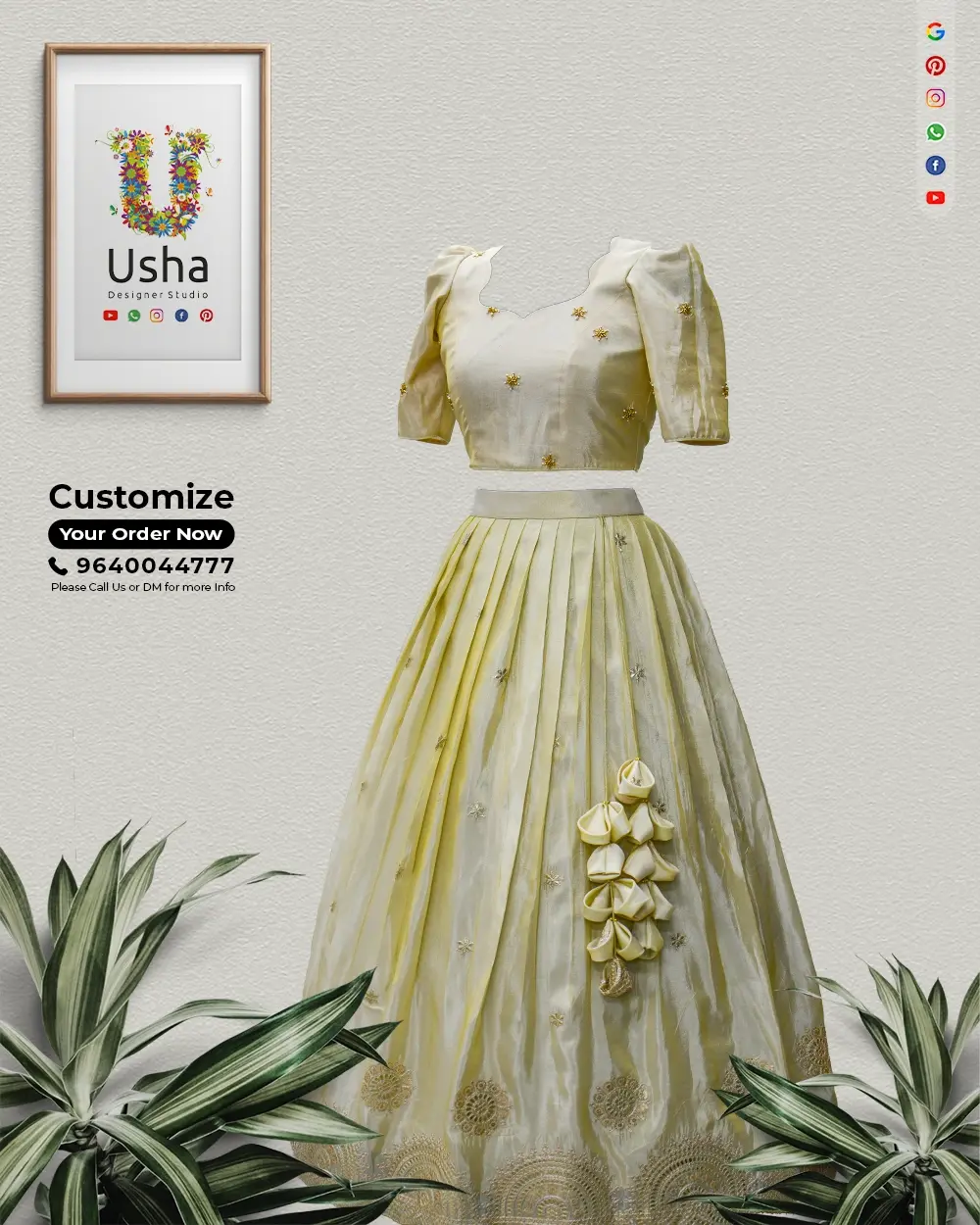 Pure pattu fabric crop top lehenga with mandala embroidery, heart neck, long sleeves, pleated skirt, hand-crafted latkans by Usha Designer Studio, Vijayawada.