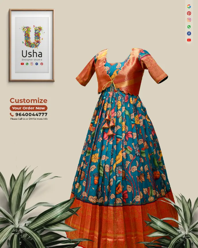 Kalamkari printed long frock with U-neck, elbow sleeves, 1-inch pleats, scalloped overcoat, and peach border, designed by Usha Designer Studio from upcycled saree.