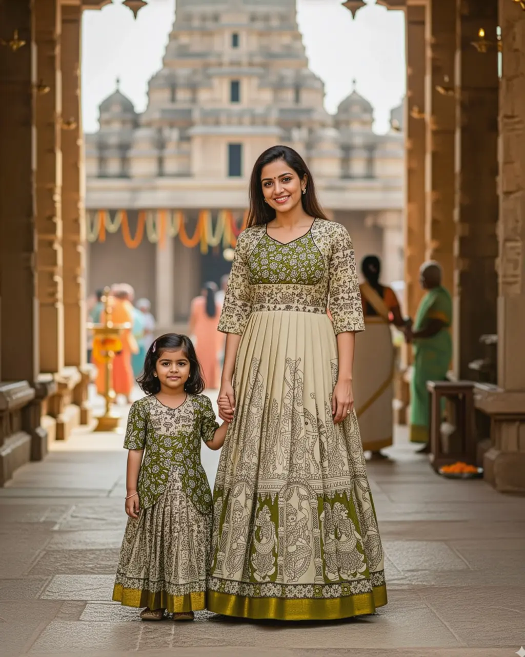 Bespoke Kalamkari mom and daughter combo outfits by Usha Designer Studio. Mom wears a long frock with a diamond neck and pleated gera. Daughter wears a peplum-style frock with a V-neck and pleated skirt.