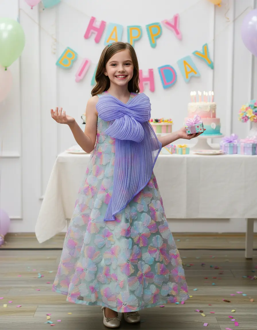 Kids designer long frock with sculpted bow yoke, 3D floral embroidery, beads and sequins in pastel colors by Usha Designer Studio.