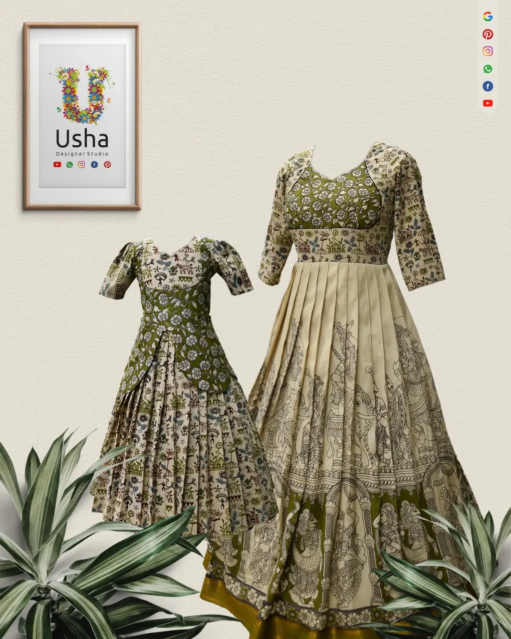 Bespoke Kalamkari mom and daughter combo outfits by Usha Designer Studio. Mom wears a long frock with a diamond neck and pleated gera. Daughter wears a peplum-style frock with a V-neck and pleated skirt.
