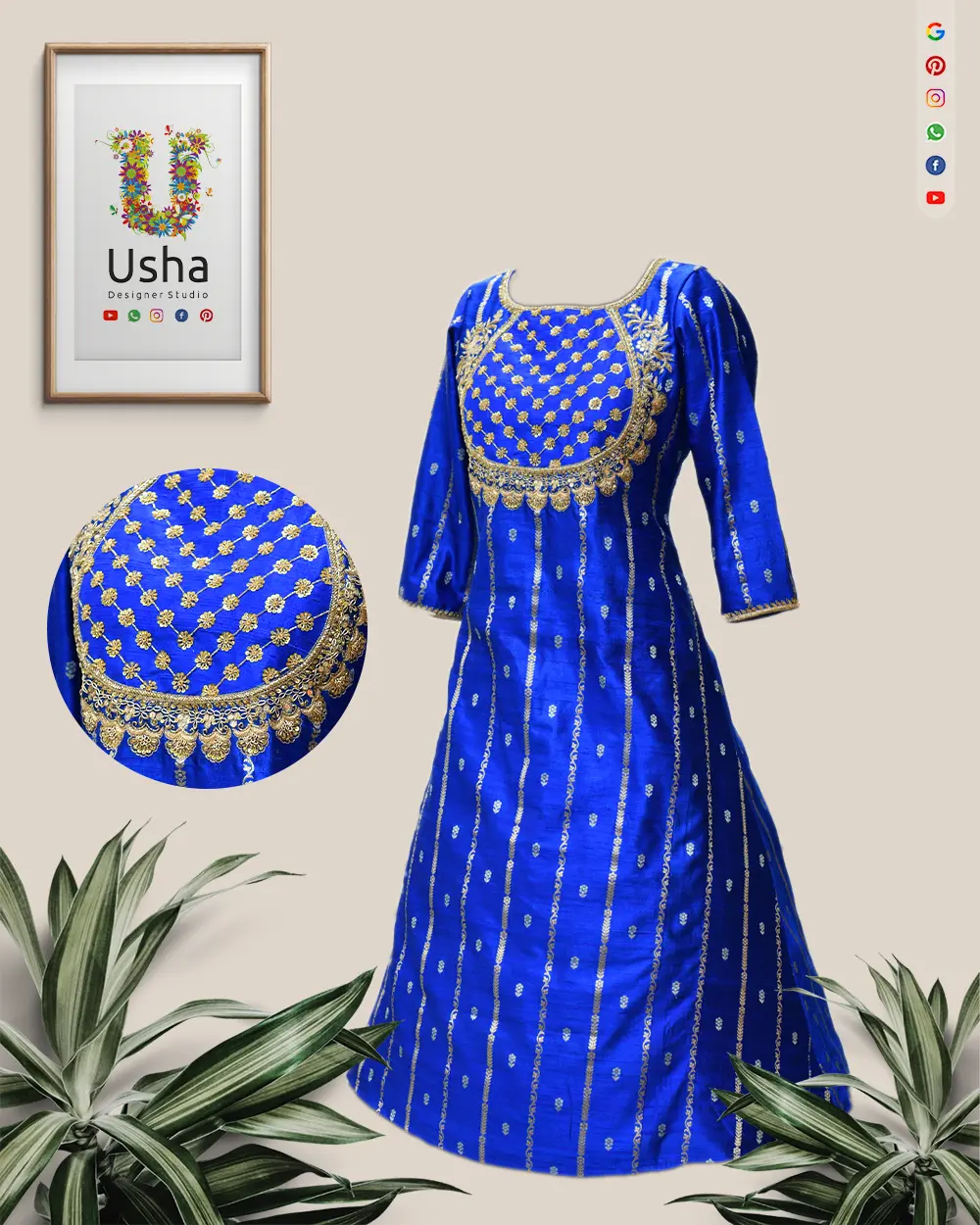 Pure Banaras royal blue A-line dress with intricate gold aari work on yoke, bracelet sleeves, and matching chudi pant by Usha Designer Studio Vijayawada.