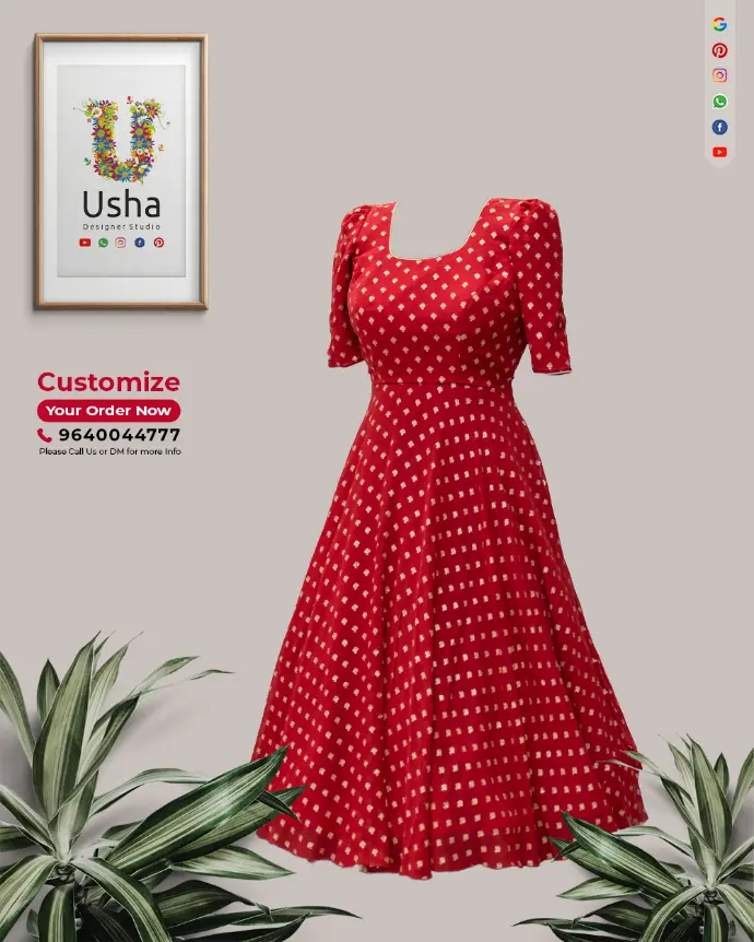 Tailor-made Indo-Western red polka dot frock with U-neck and full sleeves by Usha Designer Studio, Vijayawada.