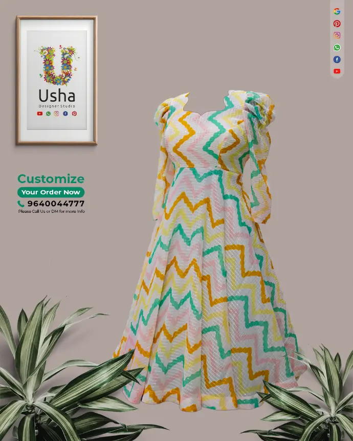 Pastel chevron zigzag Indo-Western frock with scalloped square neckline, full puffed sleeves, and a calf-length flared skirt by Usha Designer Studio, Vijayawada.
