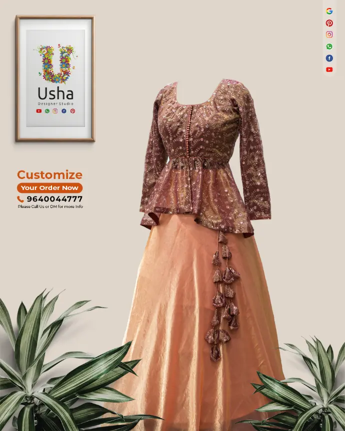 Peach lehenga with flowy gera, brown peplum crop top chole blouse, bracelet sleeves, and heavy handcrafted latkans by Usha Designer Studio Vijayawada.