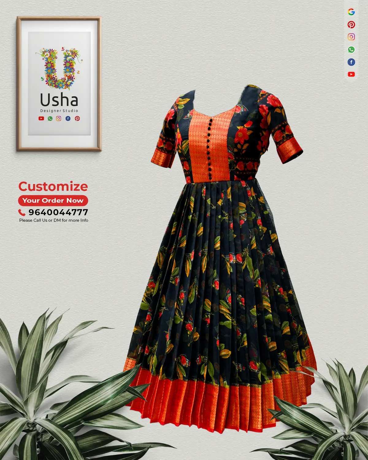Black floral Kota saree pleated frock with orange designer yoke, potli ball highlights, elbow sleeves, and pleated border by Usha Designer Studio Vijayawada.