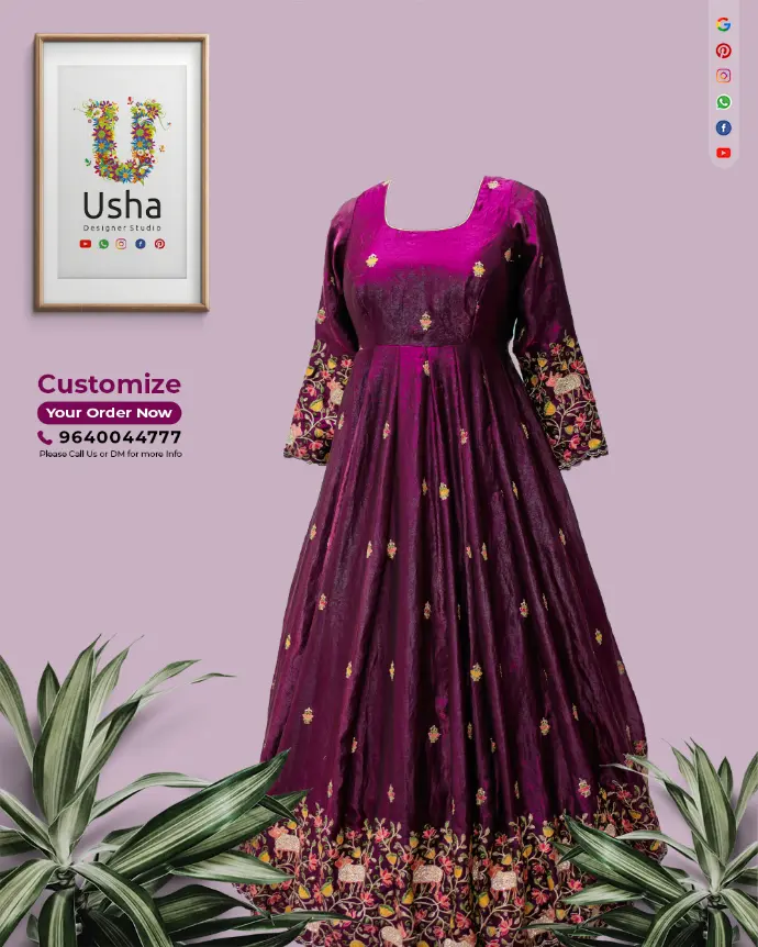 Maroon floral embroidered long frock with U-neck, bracelet sleeves, and flowy gera by Usha Designer Studio, Vijayawada.