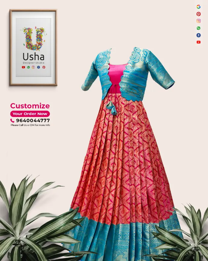 Pure Banaras saree converted to a long frock with blue scalloped-edged overcoat, pink pleated skirt, elbow sleeves, and intricate Banarasi designs by Usha Designer Studio Vijayawada.