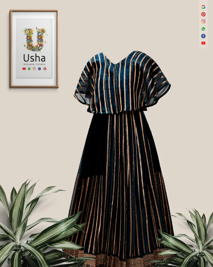 Designer crop top lehenga in navy blue with gold stripes, bubble choli V-neck blouse, and heavy gera skirt by Usha Designer Studio Vijayawada.