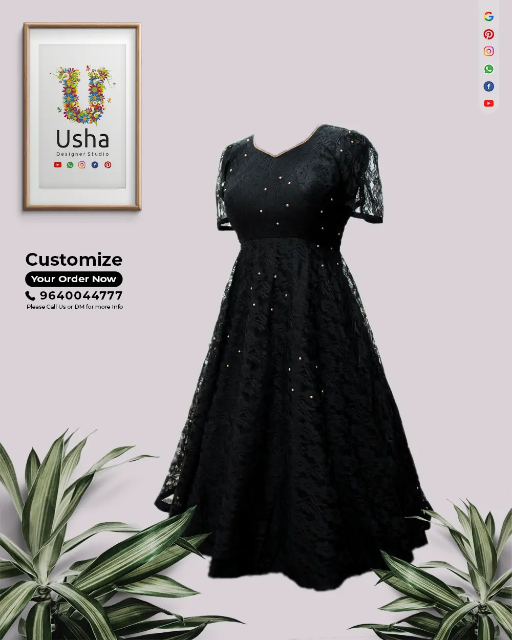 Black Lace Indo-Western Gown – Custom Tailoring by Usha Designer Studio, Vijayawada Indo-Western black lace gown with sweetheart neckline, sheer lace sleeves, flared silhouette, and beaded embellishments by Usha Designer Studio, Vijayawada.