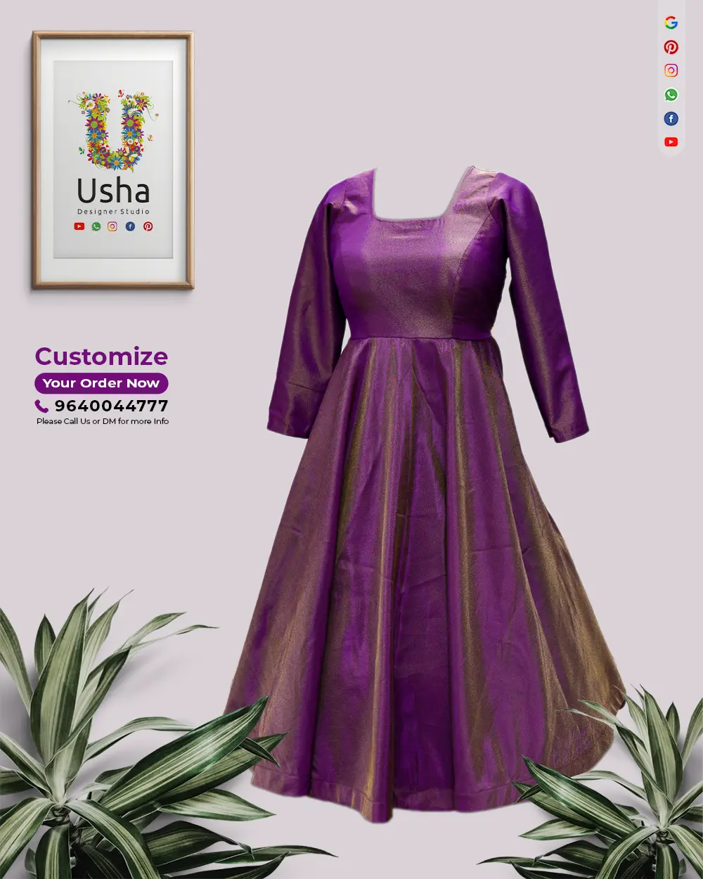 Indo-Western Shimmer Purple Midi Dress with Gold Hues | Usha Designer Studio Vijayawada Indo-Western purple shimmer midi dress with gold undertones, square neckline, and flared skirt by Usha Designer Studio, Vijayawada.