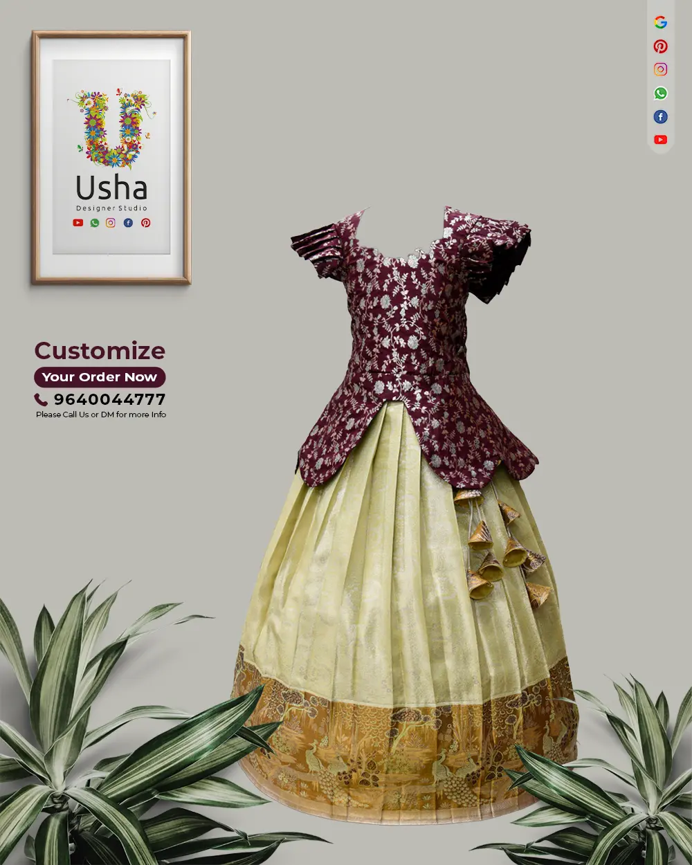Kids Banaras pattu peplum crop top lehenga in maroon and mustard, pleated maga sleeves, gold woven skirt, and handcrafted heavy latkans by Usha Designer Studio, Vijayawada.