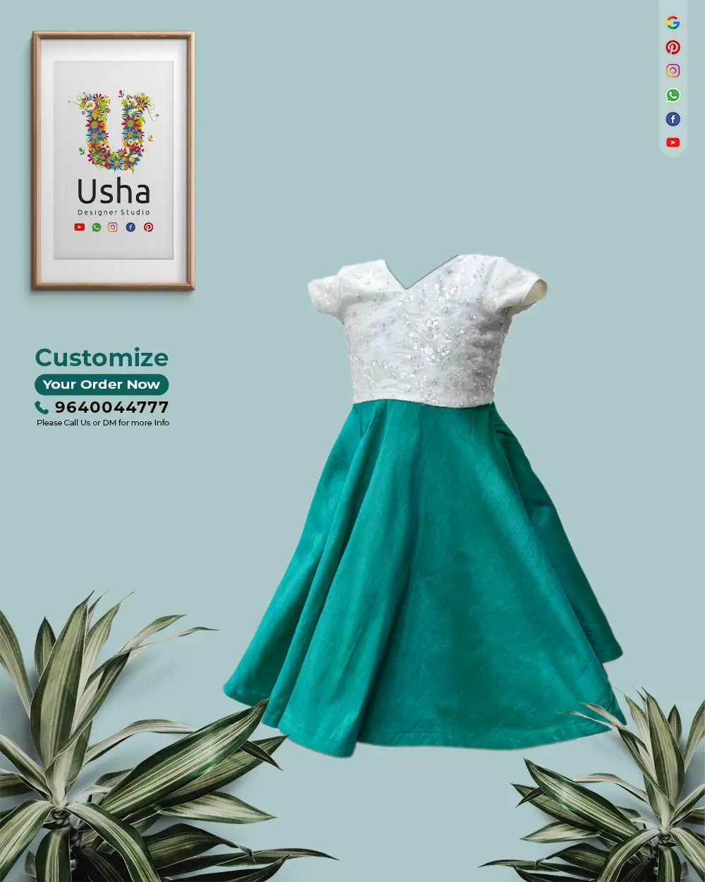 Kids frock with white self-embroidered yoke, sequin embellishments, and green semi raw silk flowy skirt – Usha Designer Studio, Vijayawada.