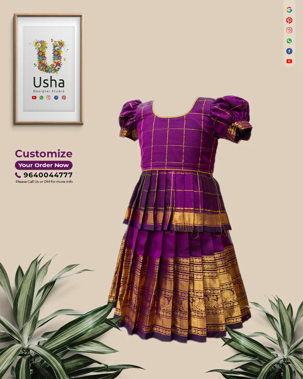 Purple and gold Mangalagiri pattu kids peplum crop top lehenga with pleated skirt, U-neck, and butta puff sleeves from Usha Designer Studio, Vijayawada.