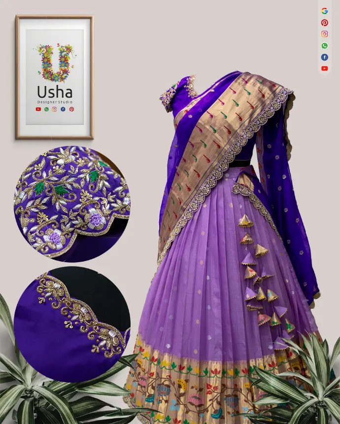 Purple Paithani crop top lehenga with Aari hand embroidery, scalloped U-neck, pleated lehenga, handcrafted latkans, and Maggam-edged Paithani dupatta by Usha Designer Studio, Vijayawada.