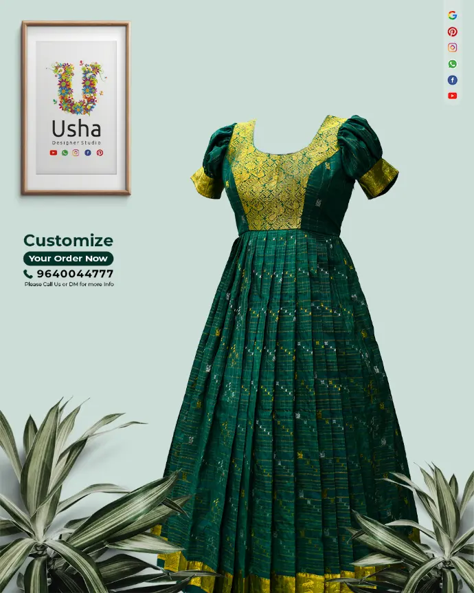 Green and gold pure pattu long frock converted from saree, featuring U-neck, short butta sleeves, and 1-inch ironed pleats by Usha Designer Studio, Vijayawada.