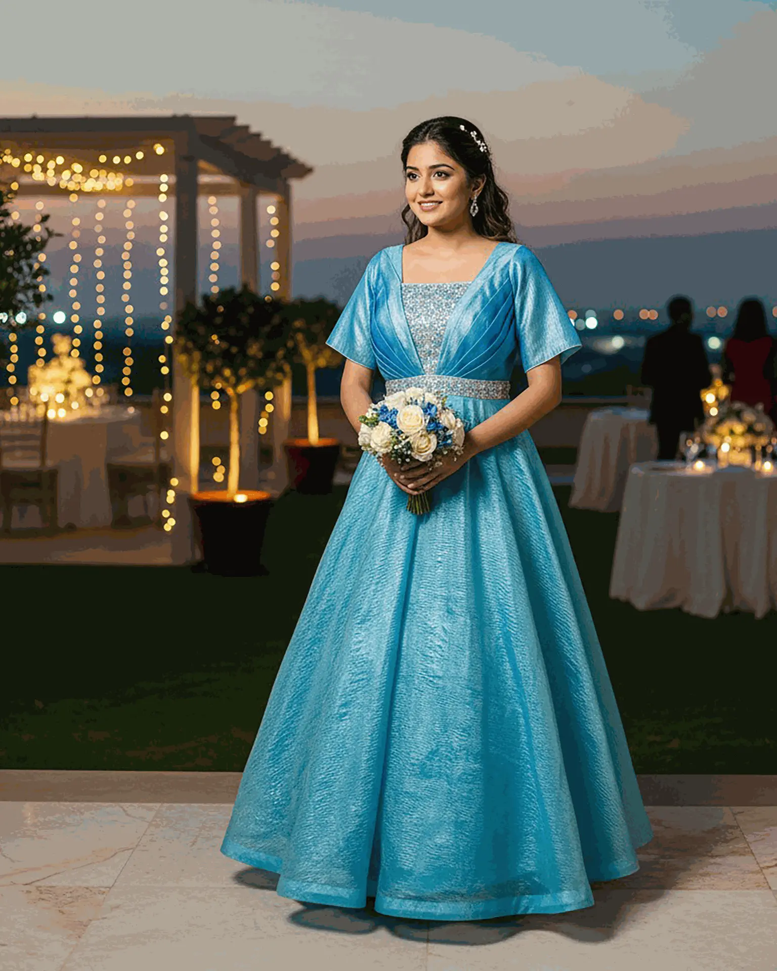 Full-length blue silk organza gown with tailored bodice, deep U-neck, elbow-length sleeves, embroidery, and flared A-line silhouette by Usha Designer Studio, Vijayawada.