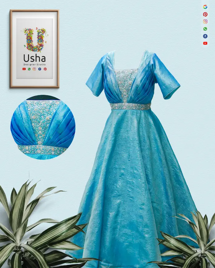 Discover a luxurious blue gown in textured silk organza with tailored bodice, fine embroidery, and an A-line flare. Designed by Usha Designer Studio, Vijayawada—your destination for exclusive cloud tailoring and bespoke designer wea